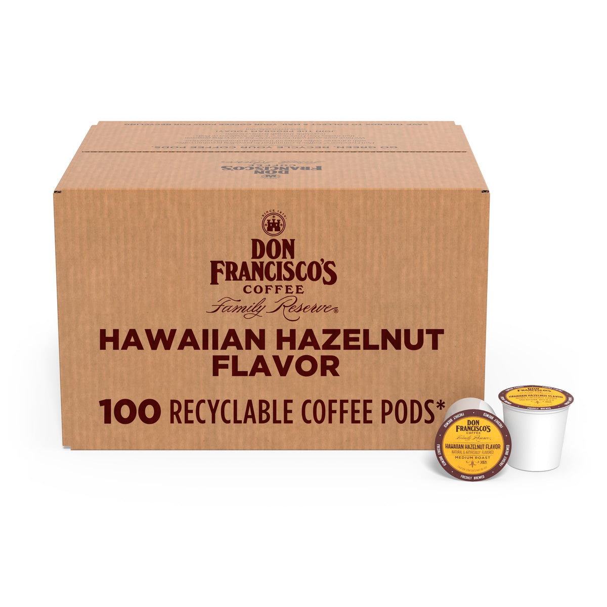 Don Francisco's caja frontal Hawaiian Hazelnut mostrando diseño y cantidad 100ct, conveniencia visible