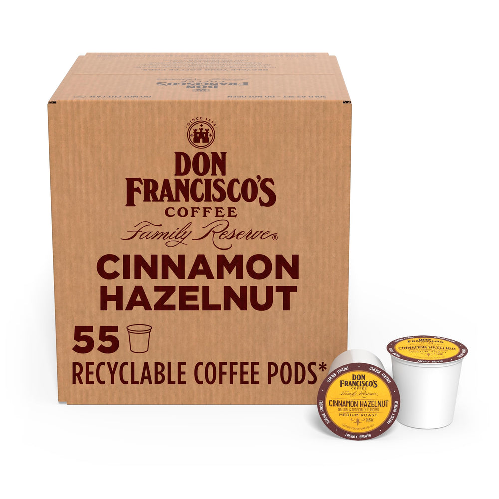 Don Francisco's empaque frontal de Cinnamon Hazelnut mostrando 55 cápsulas y conveniencia