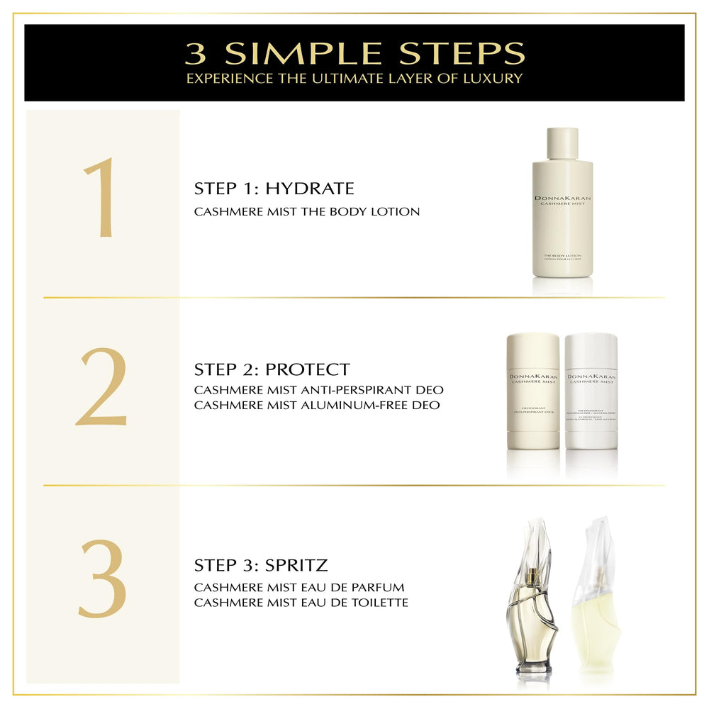 Donna Karan Cashmere Mist en escena lifestyle junto a otros productos de tocador