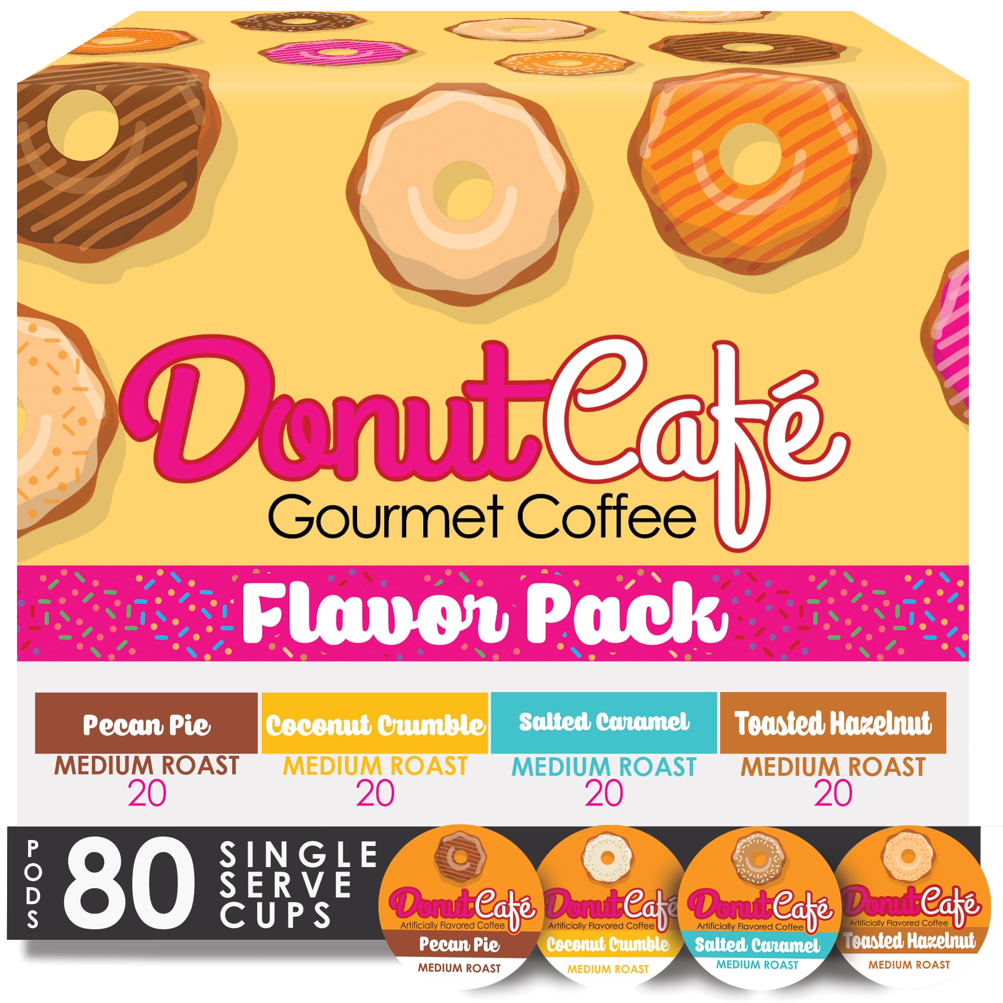 Donut Café front packaging showing 80-count variety pack and benefits