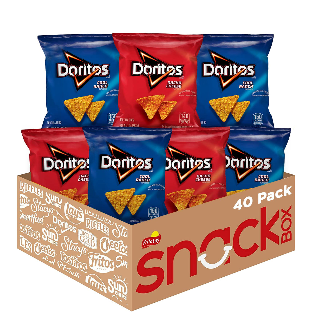 Doritos front packaging showing variety pack for easy selection and storage