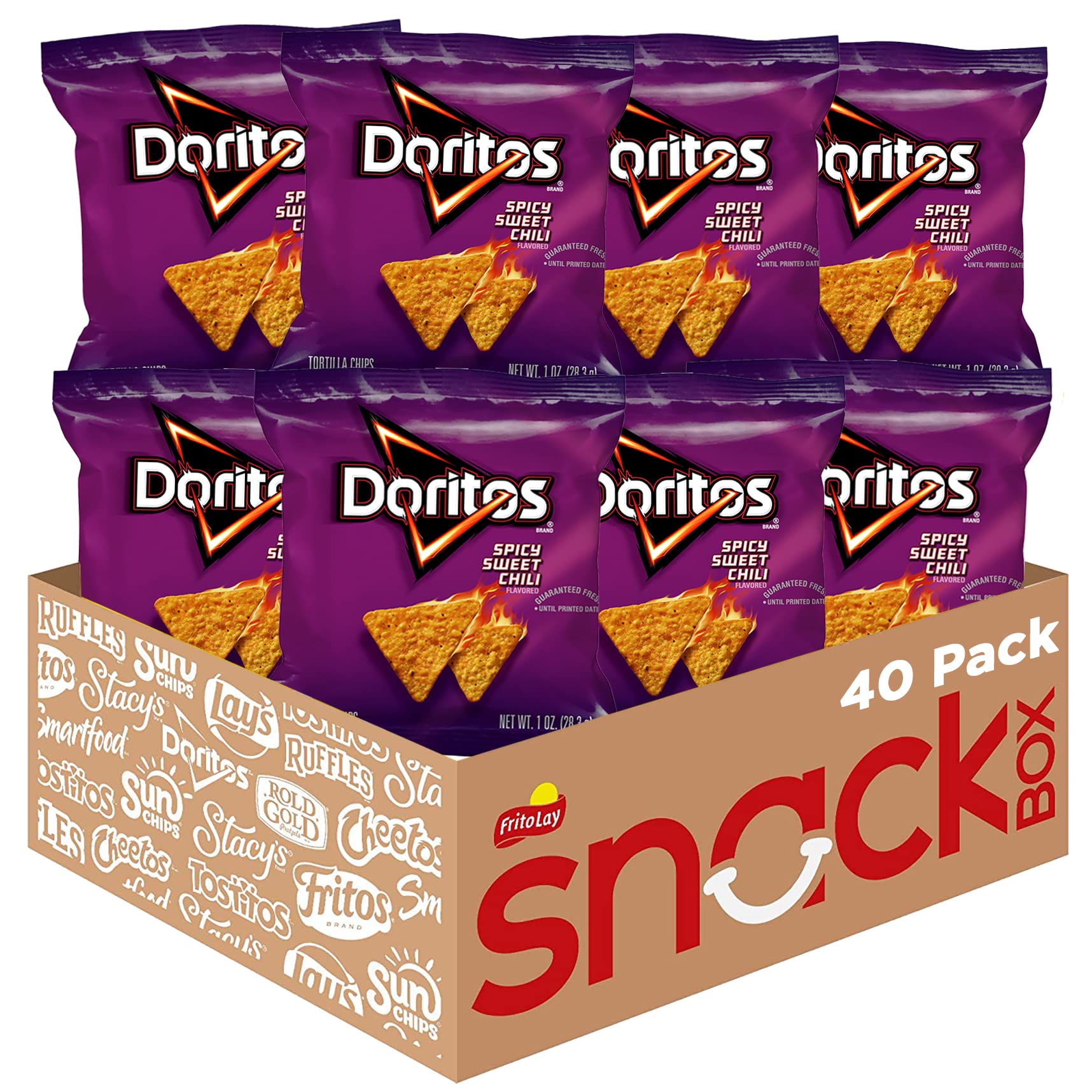 Doritos front packaging showing spicy sweet chili flavor and 1 oz bag, Doritos crisp flavor revealed
