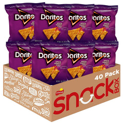 Doritos front packaging showing spicy sweet chili flavor and 1 oz bag, Doritos crisp flavor revealed