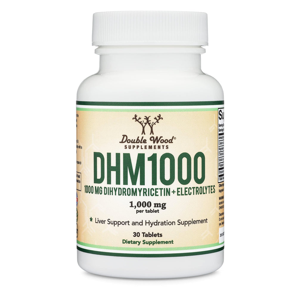 Double Wood DHM bottle on a kitchen counter beside water glass, showing recovery routine support