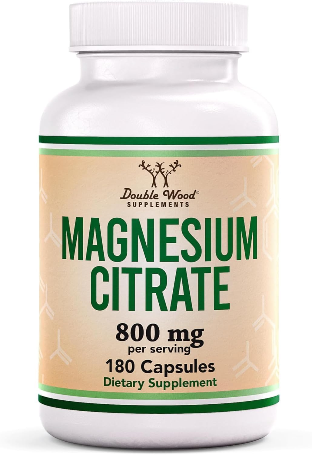 Double Wood envase frontal de Magnesium Citrate mostrando dosis y cantidad