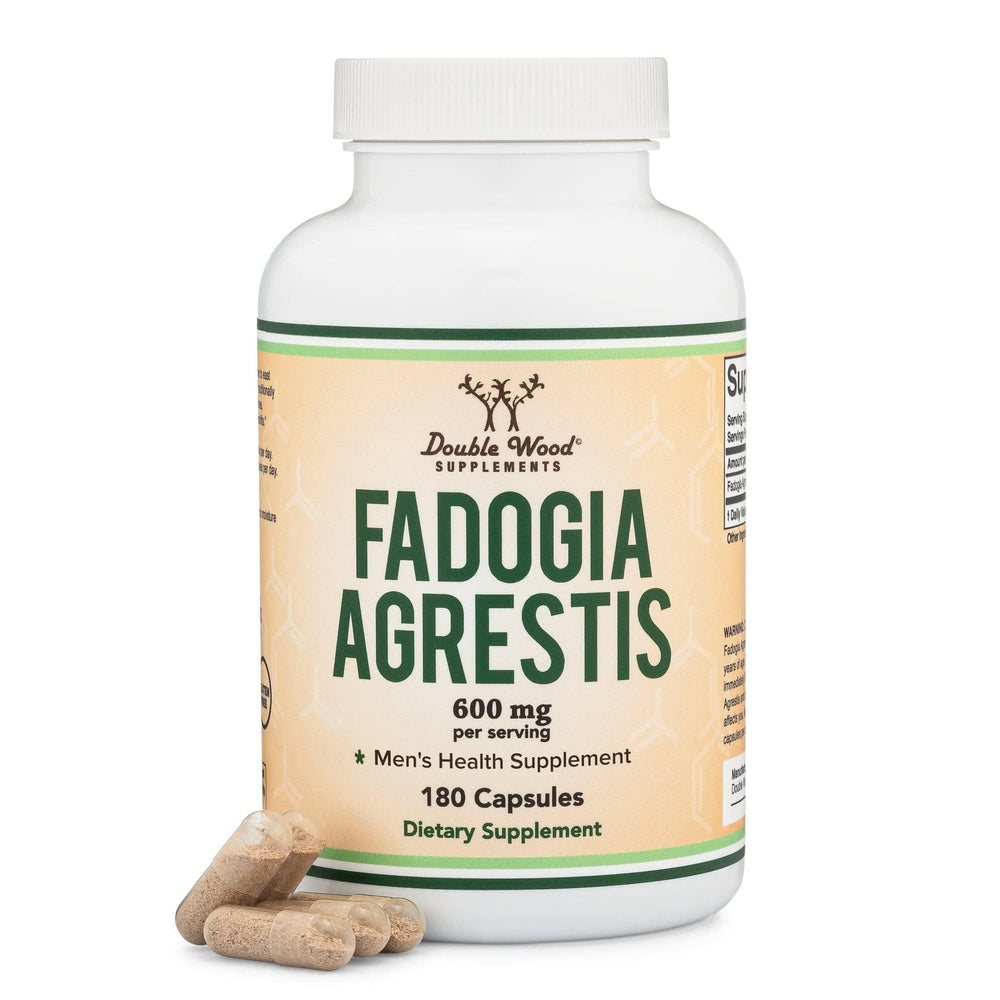 Double Wood Fadogia Agrestis frasco frontal mostrando etiqueta clara y dosis