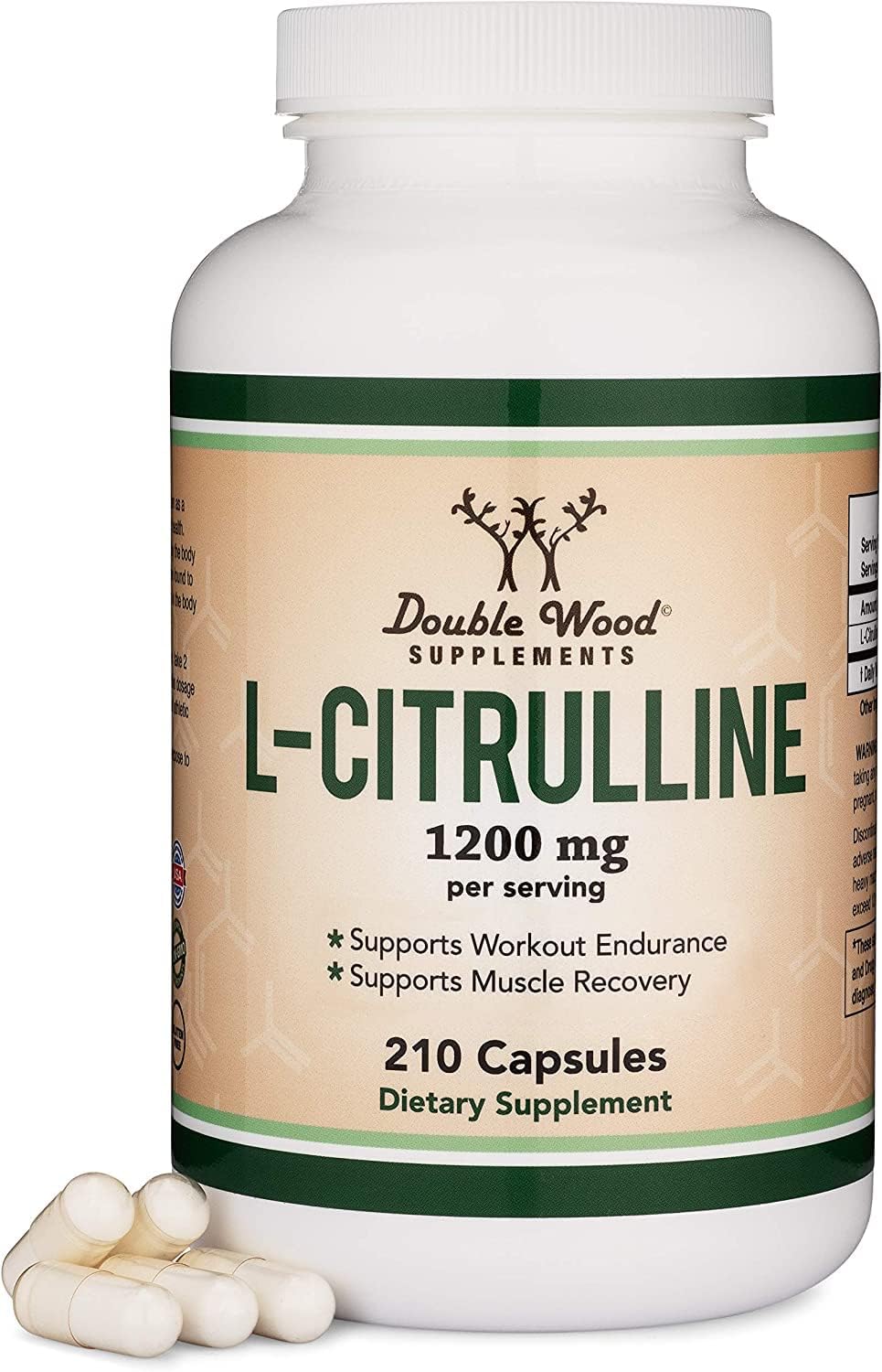 Double Wood Supplements frasco frontal mostrando 210 cápsulas y beneficio de suministro prolongado