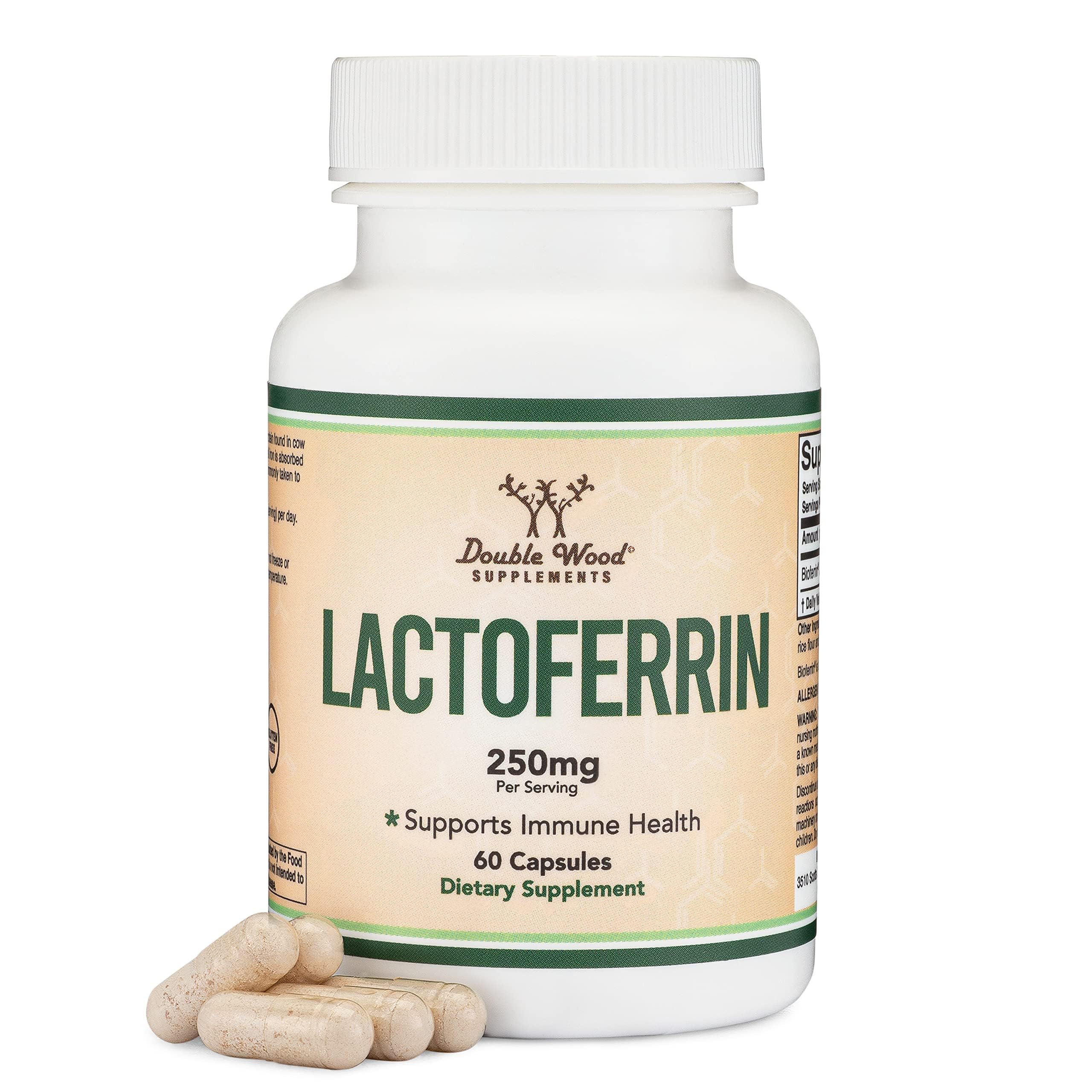 Double Wood Lactoferrin frasco frontal mostrando diseño y cantidad