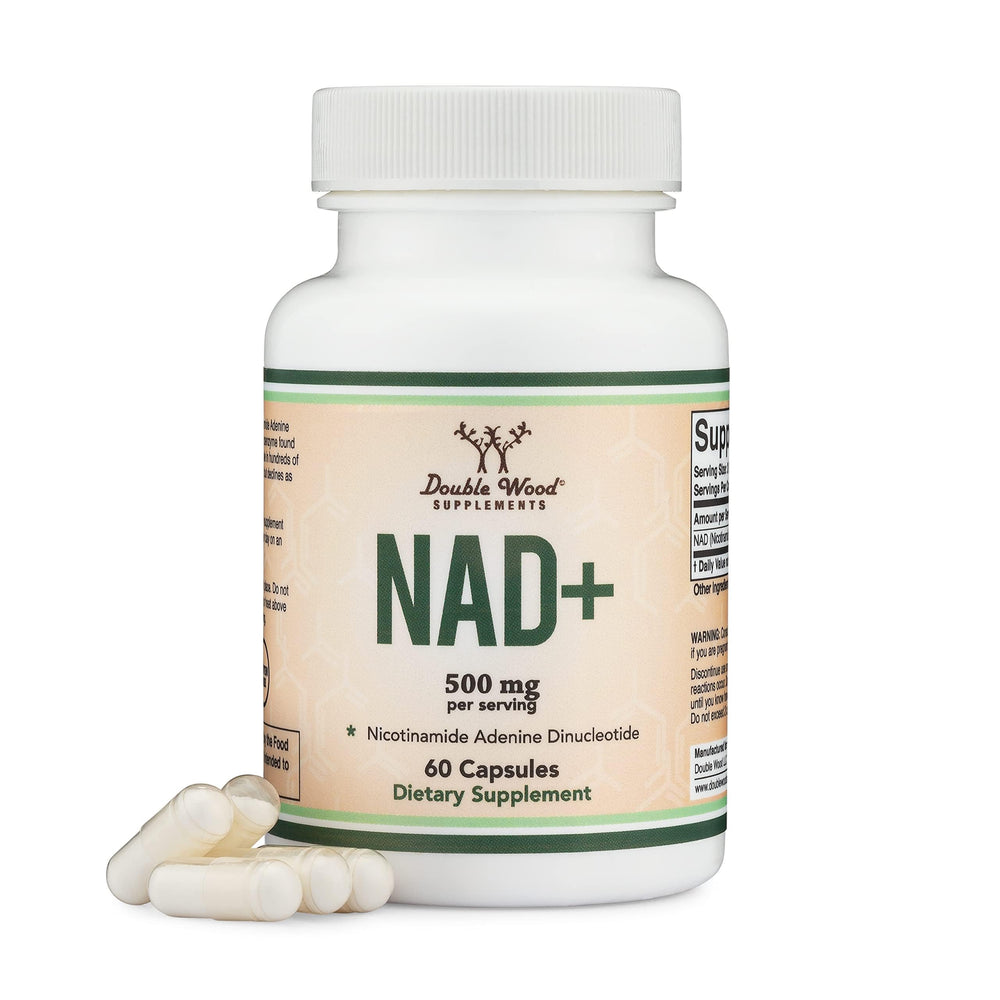Double Wood Supplements frasco frontal con etiqueta clara y beneficios de pureza