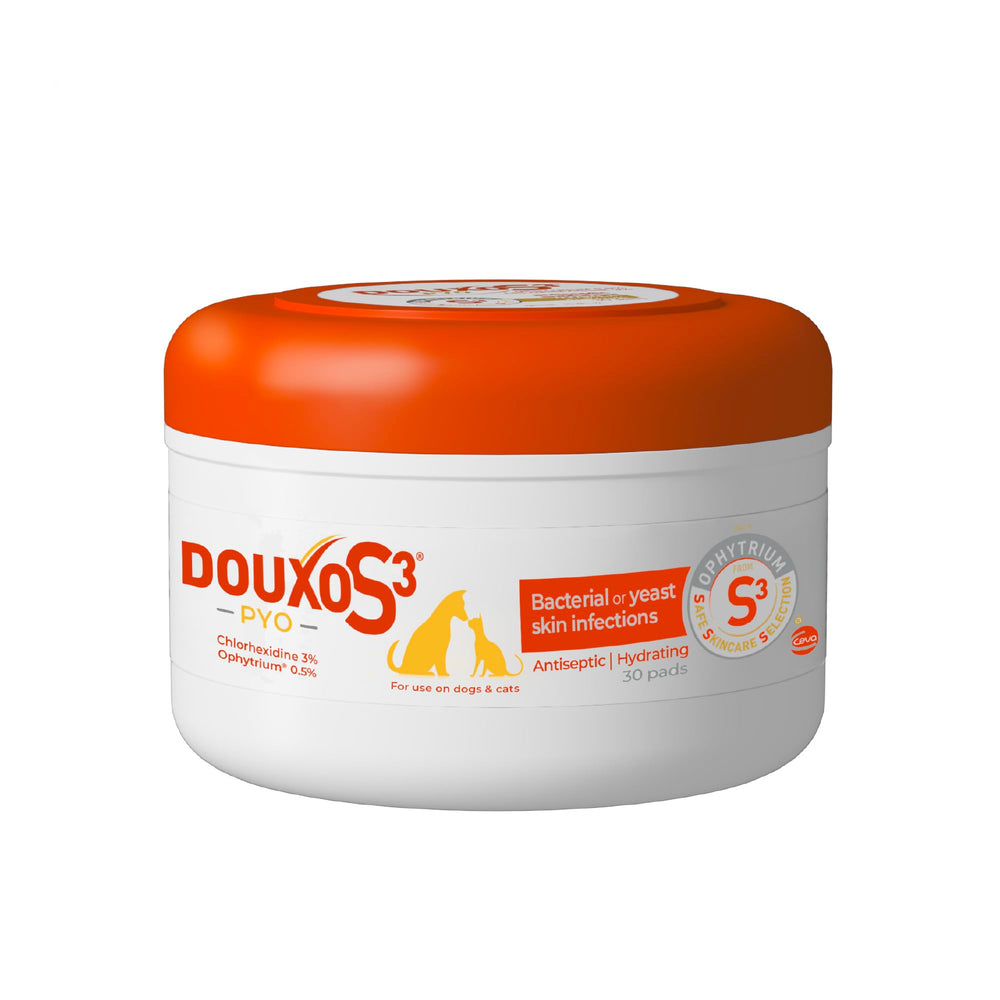 Douxo toallitas frontal del paquete mostrando 30 unidades y uso seguro