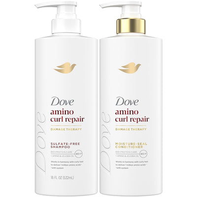Dove frente del empaque del set Amino Curl Repair mostrando botellas y beneficios