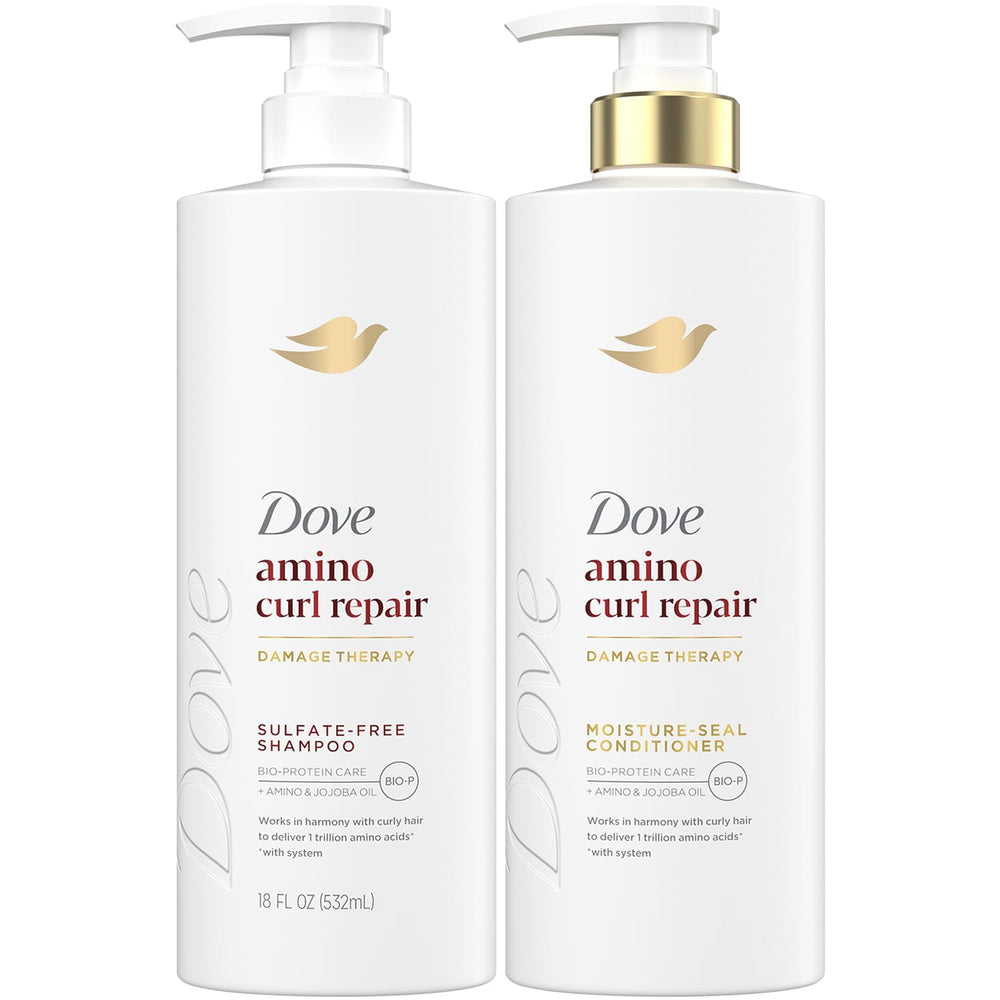 Dove frente del empaque del set Amino Curl Repair mostrando botellas y beneficios