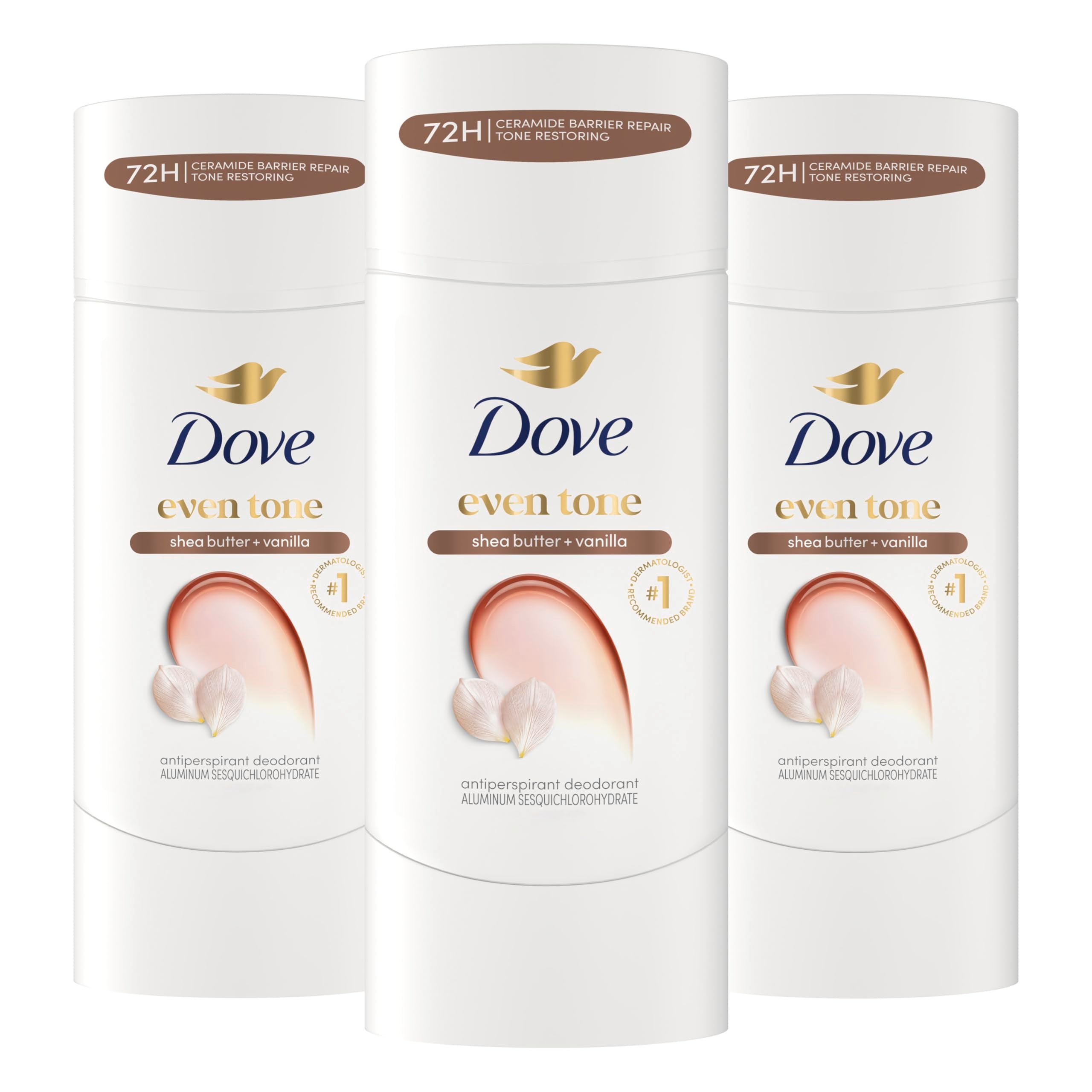 Dove Even Tone frontal del paquete mostrando las tres barras y beneficio hidratante