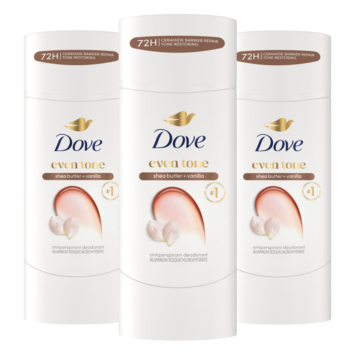 Dove Even Tone frontal del paquete mostrando las tres barras y beneficio hidratante