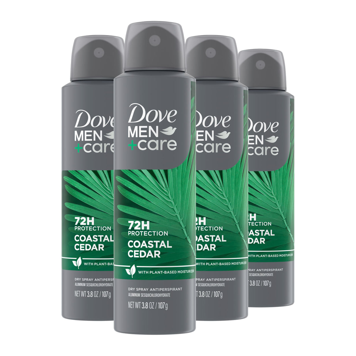 DOVE MEN+CARE frontal del paquete de cuatro mostrando el diseño y beneficio protección