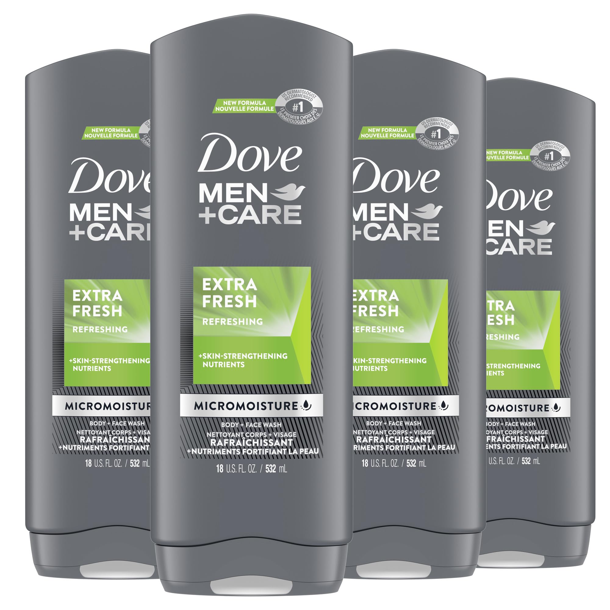 Dove Men+Care vista frontal del pack 4 botella mostrando conveniencia