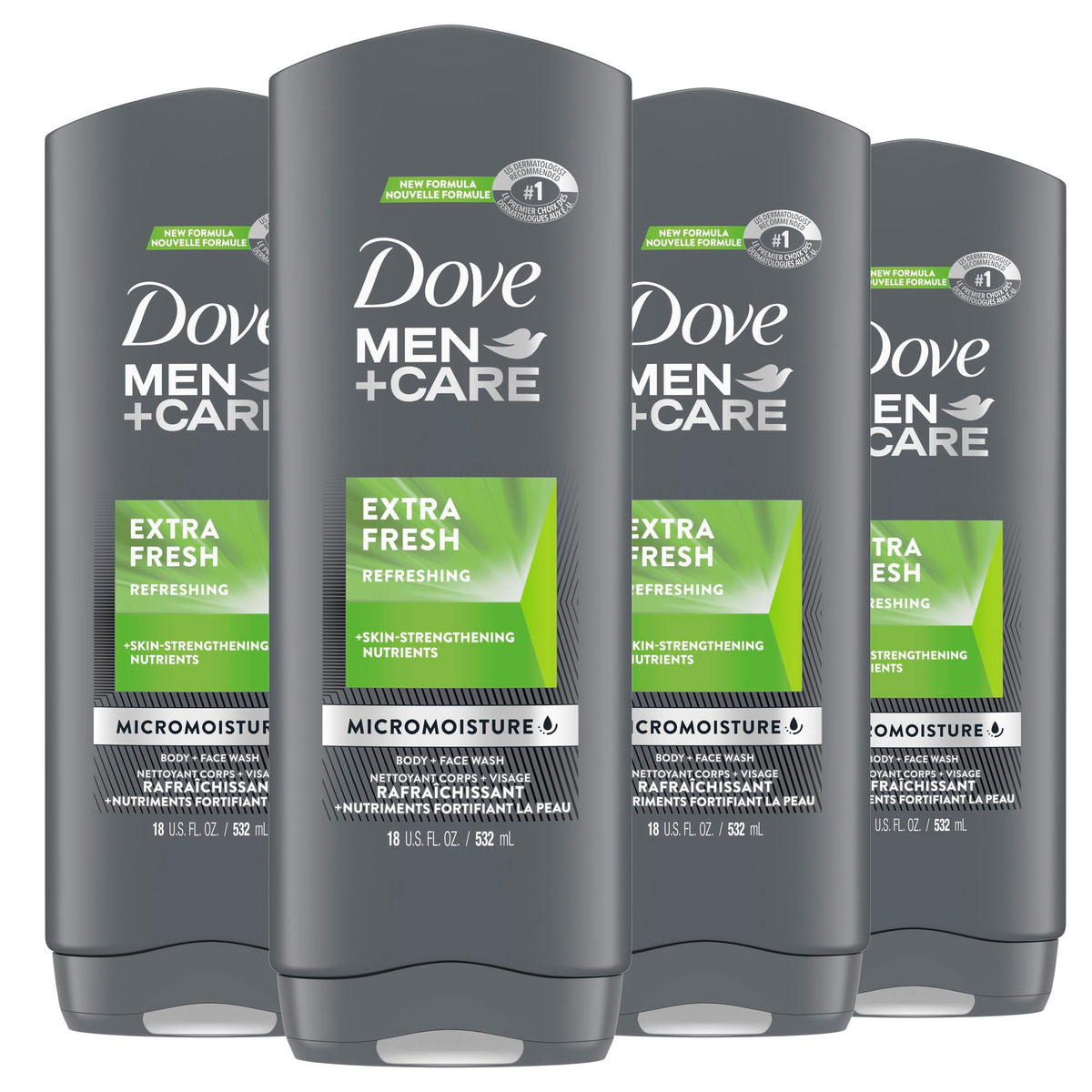 Dove Men+Care vista frontal del pack 4 botella mostrando conveniencia