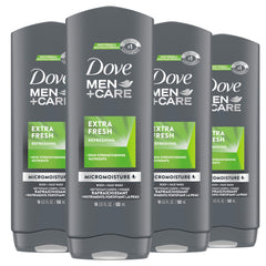 Dove Men+Care vista frontal del pack 4 botella mostrando conveniencia