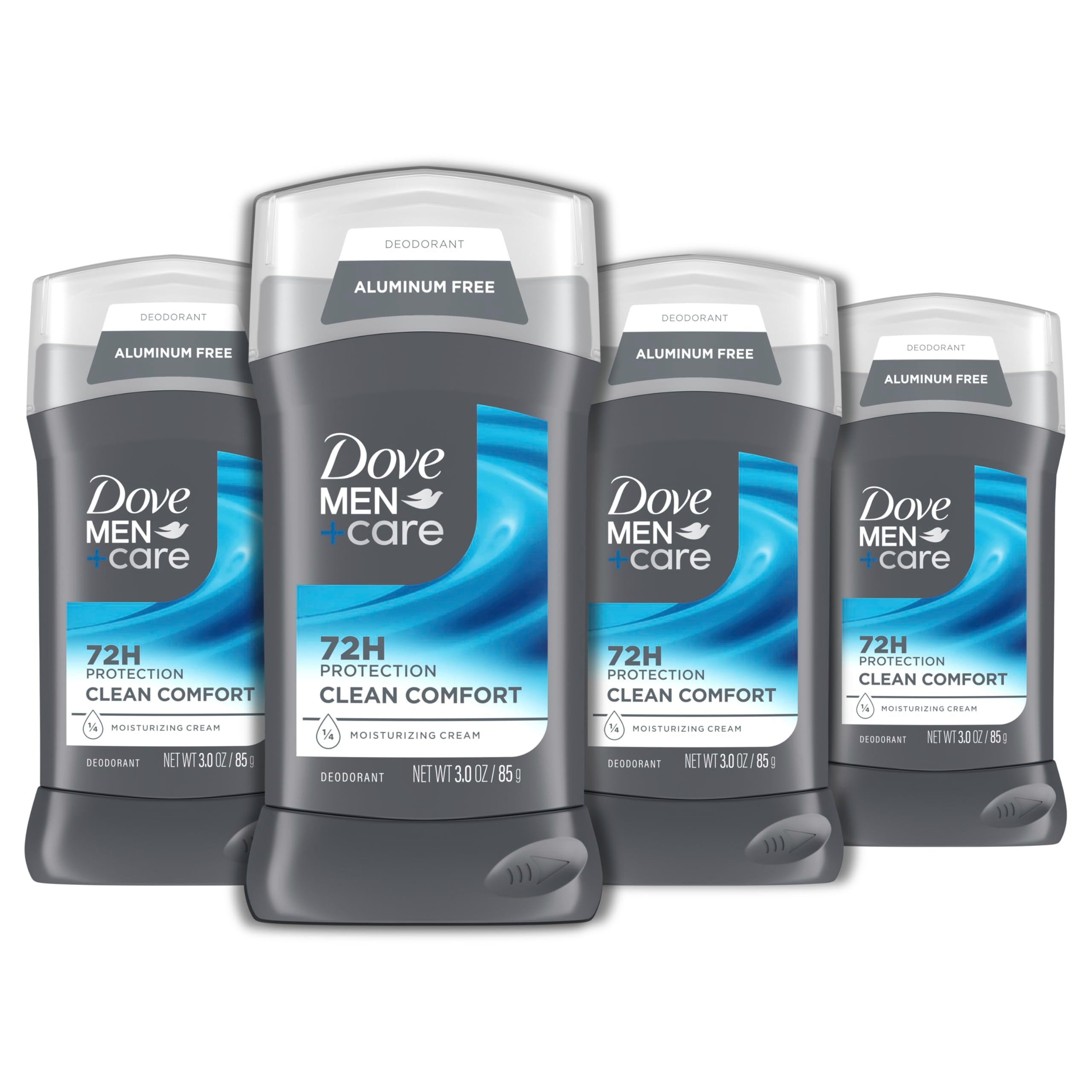 DOVE MEN + CARE pack frontal de cuatro sticks mostrando tamaño y ventaja