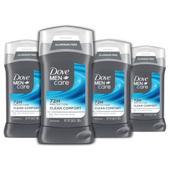 DOVE MEN + CARE pack frontal de cuatro sticks mostrando tamaño y ventaja