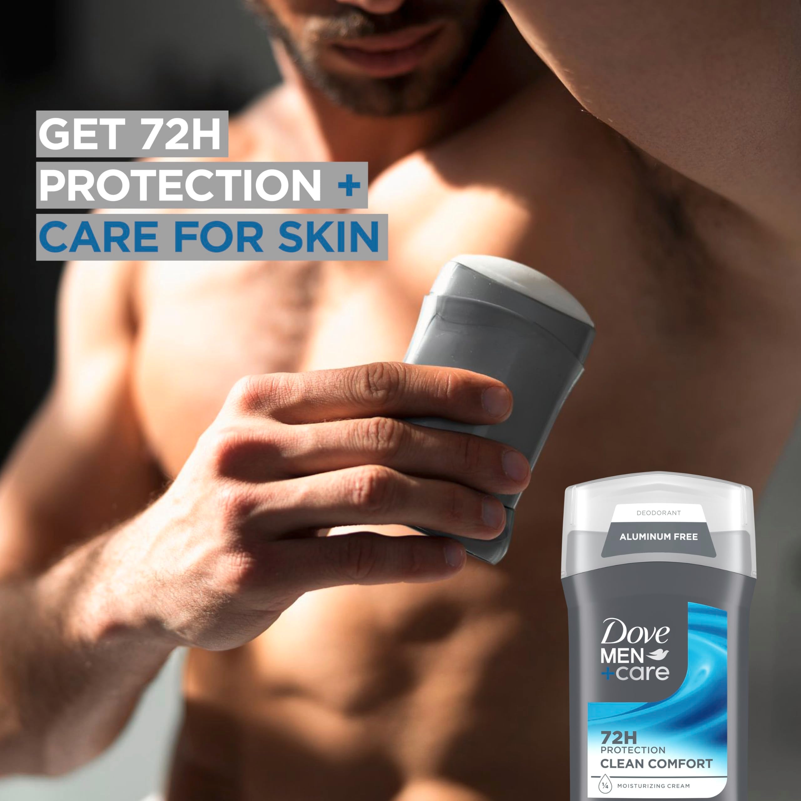 DOVE MEN + CARE comparación de tamaño de 3 oz en mano, uso práctico