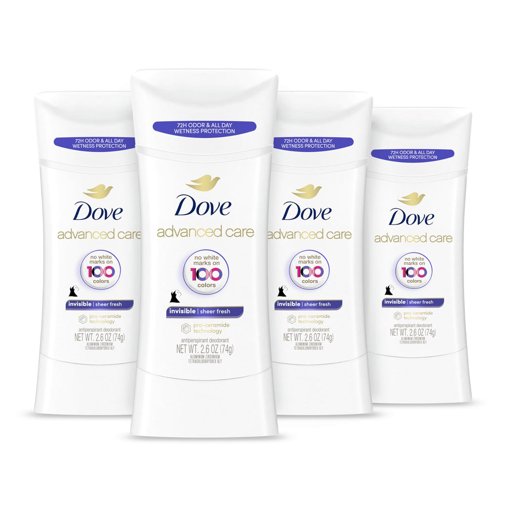Dove pack frontal Sheer Fresh mostrando cuatro sticks y ventaja de duración