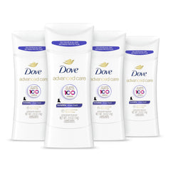 Dove pack frontal Sheer Fresh mostrando cuatro sticks y ventaja de duración