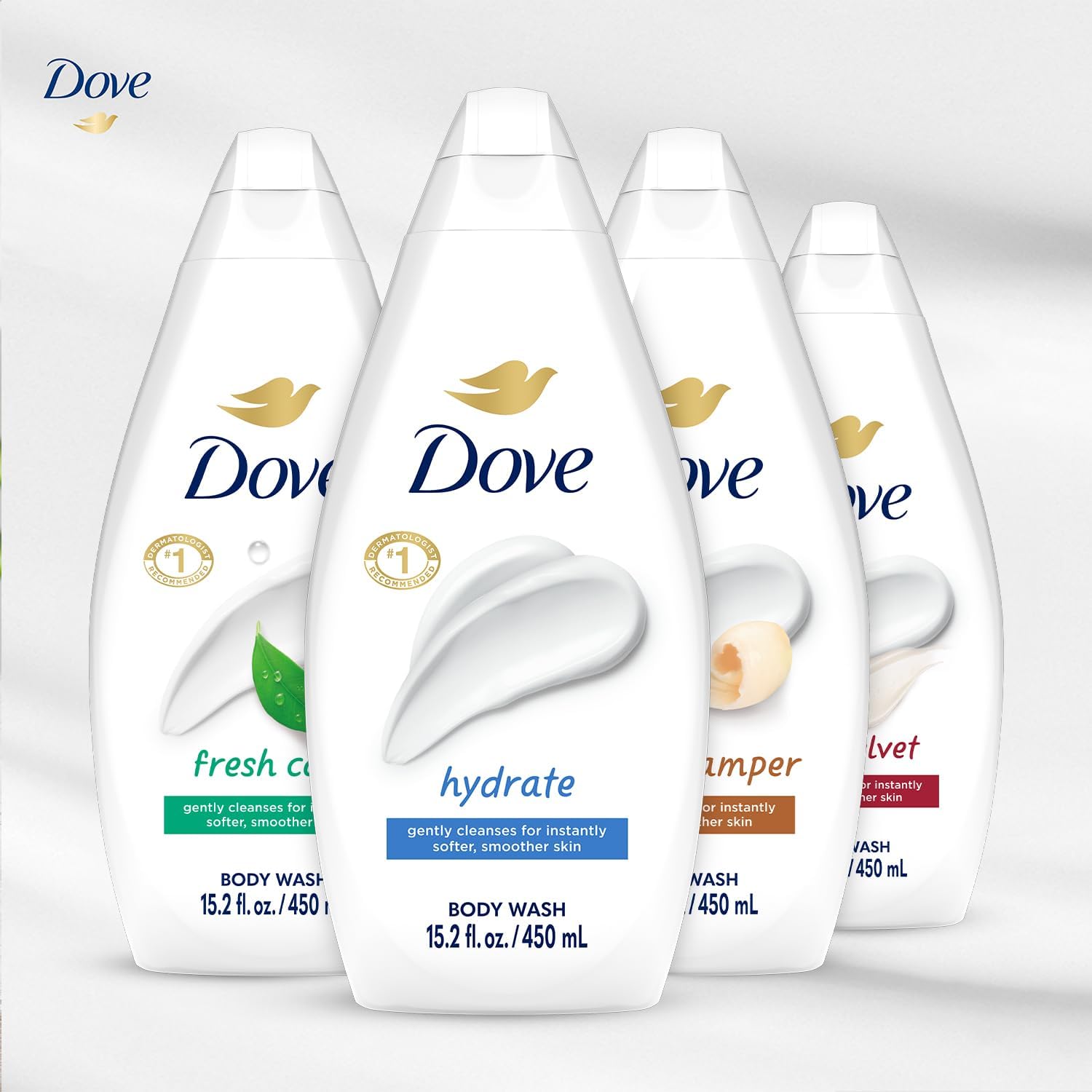 Dove pack tamaño comparación junto a objeto cotidiano para visualizar volumen por botella