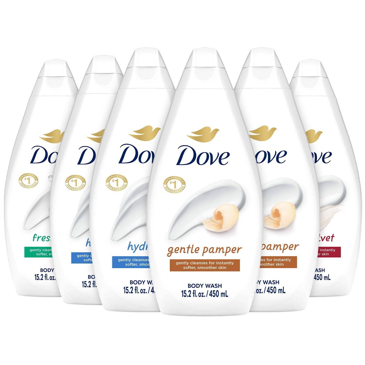 Dove pack surtido frontal mostrando seis botellas, fácil identificación de variantes y conveniencia