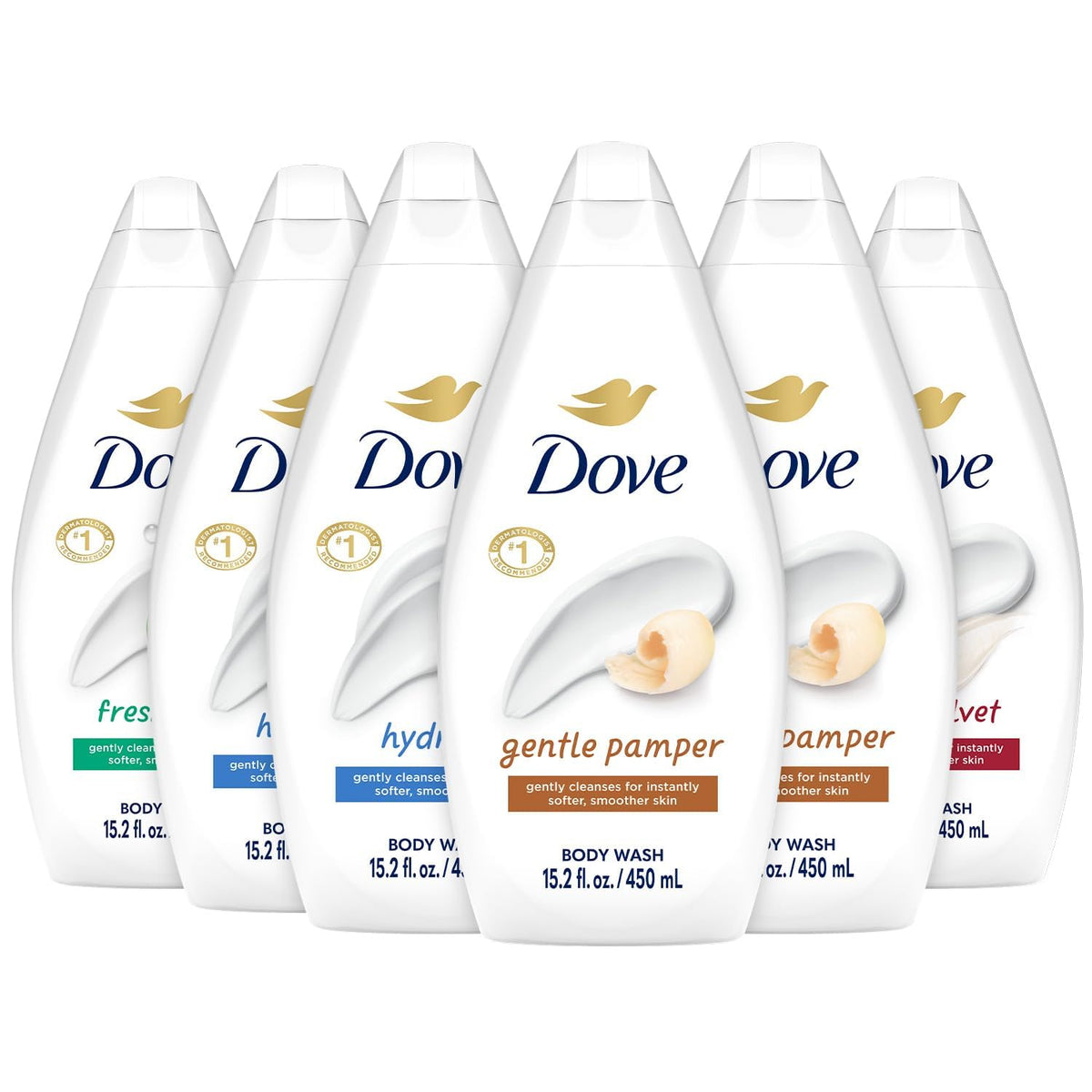 Dove pack surtido frontal mostrando seis botellas, fácil identificación de variantes y conveniencia