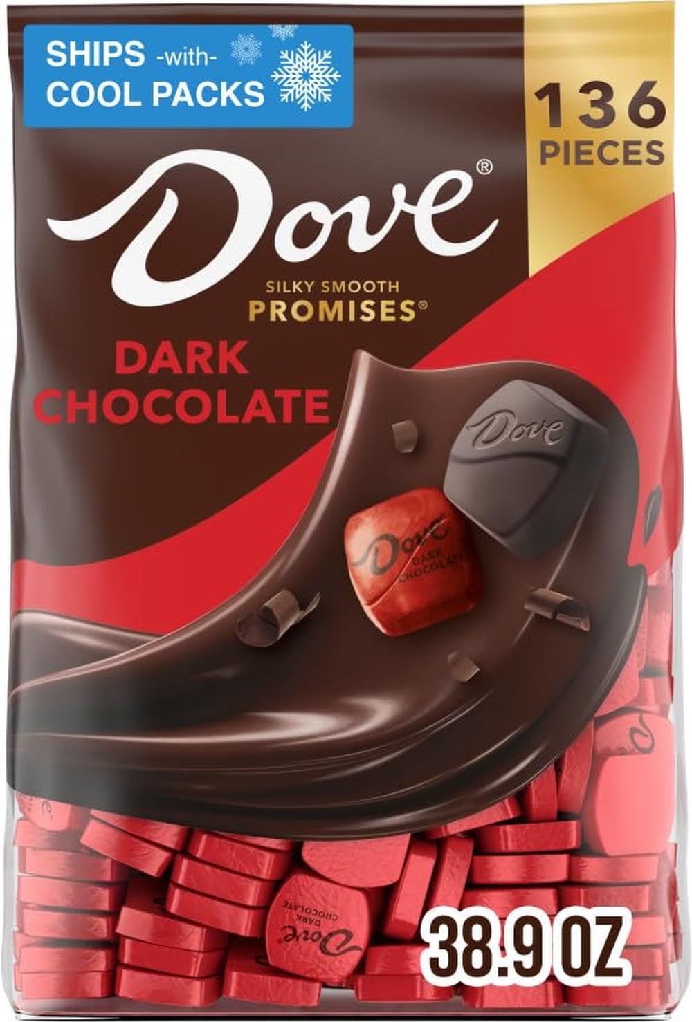 Dove bolsa frente mostrando 136 piezas y empaque atractivo para compartir