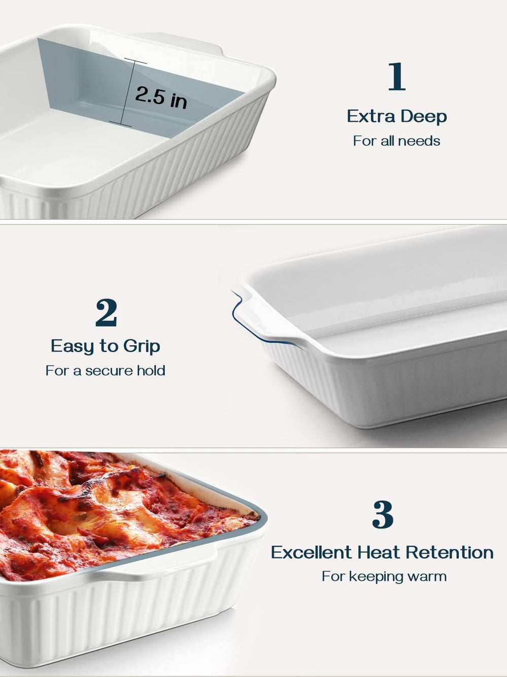 DOWAN side profile display emphasizing 3.1 inch depth for deep casseroles