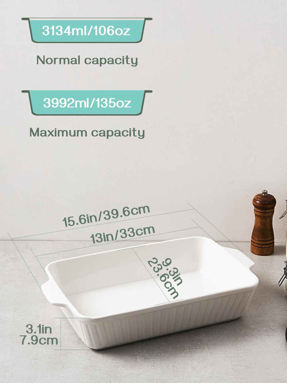 DOWAN dish beside serving spoon showing scale and 4.2 quart capacity advantage
