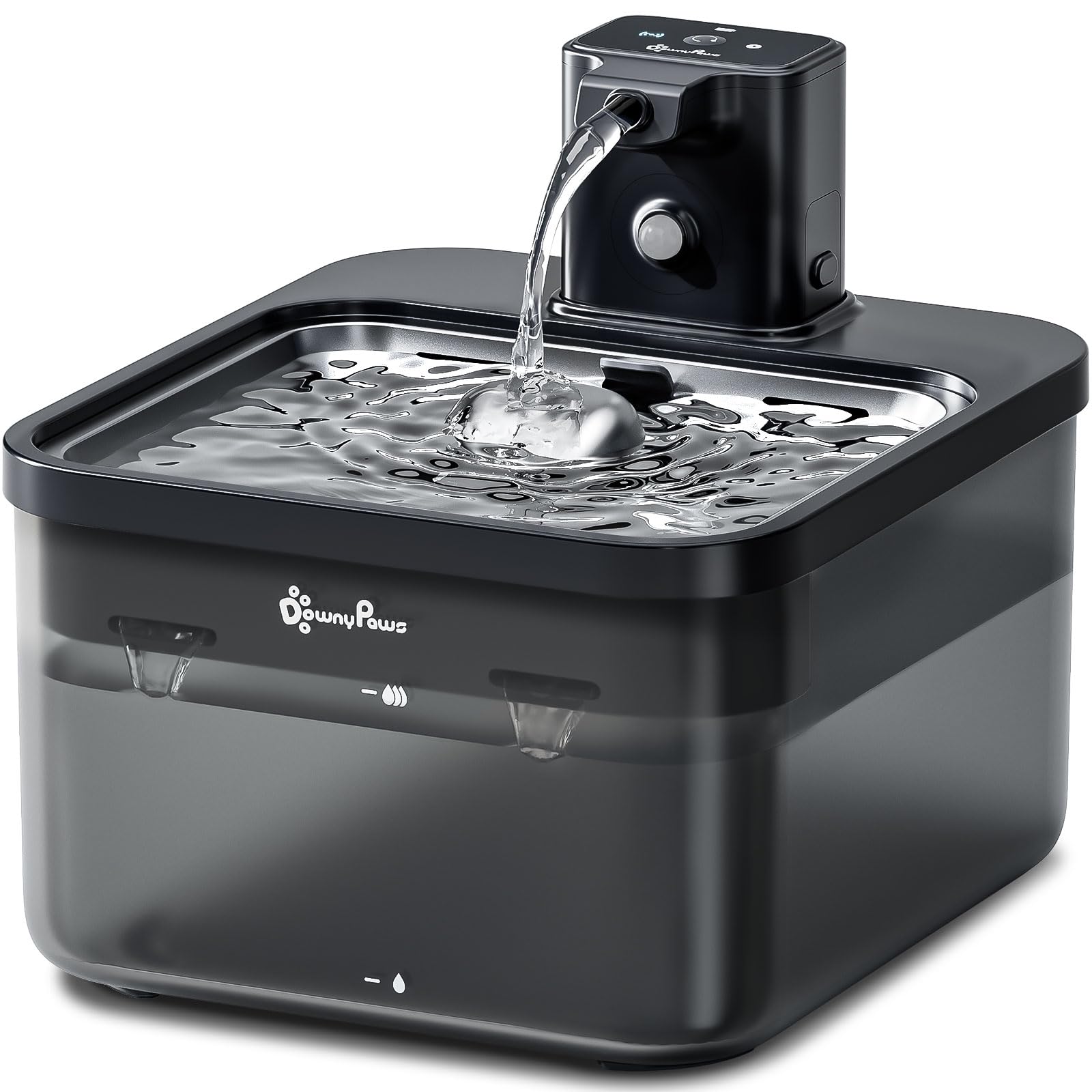 DownyPaws vista frontal de la fuente negra con diseño elegante y beneficio portátil