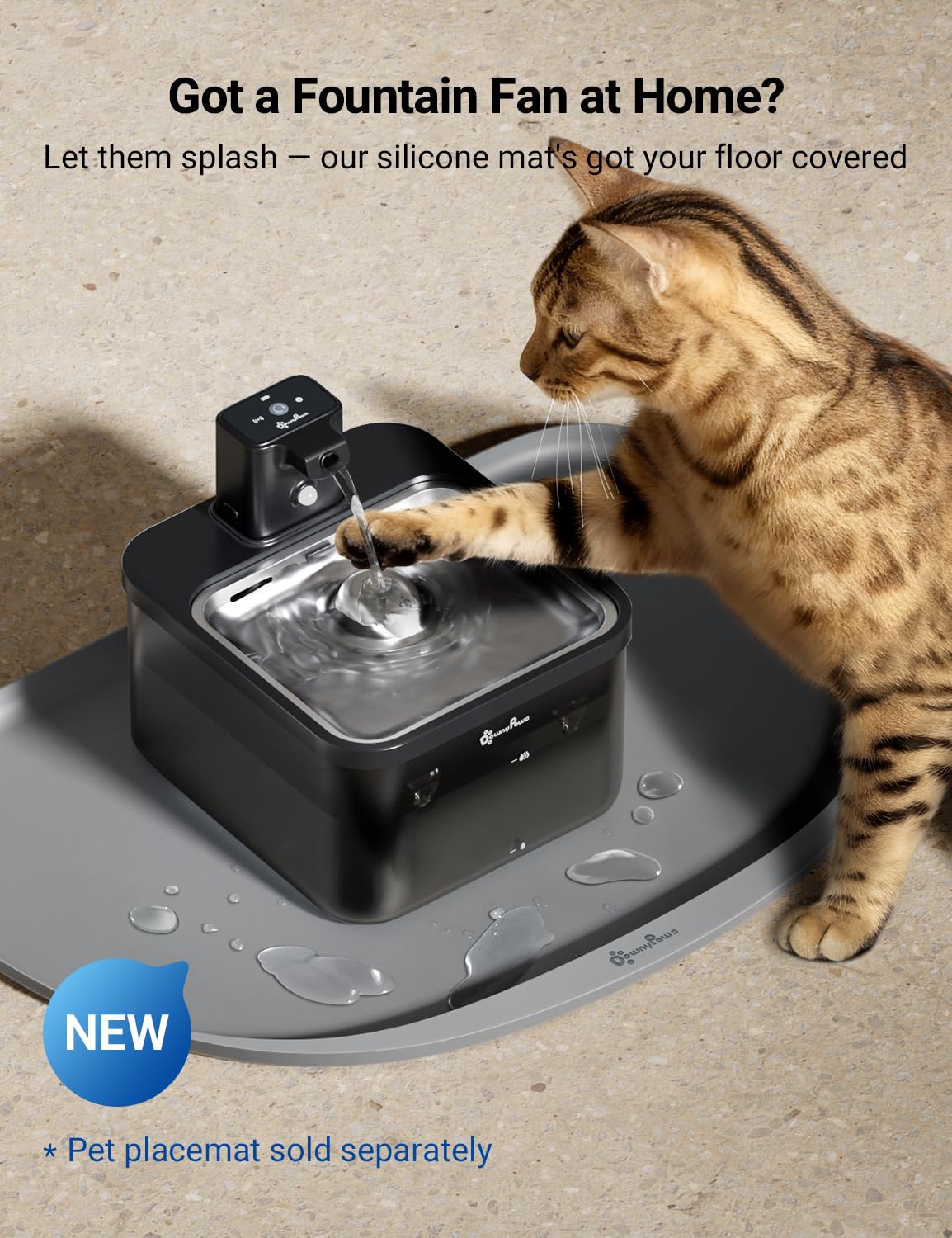 DownyPaws gato bebiendo activación por sensor para consumo más frecuente