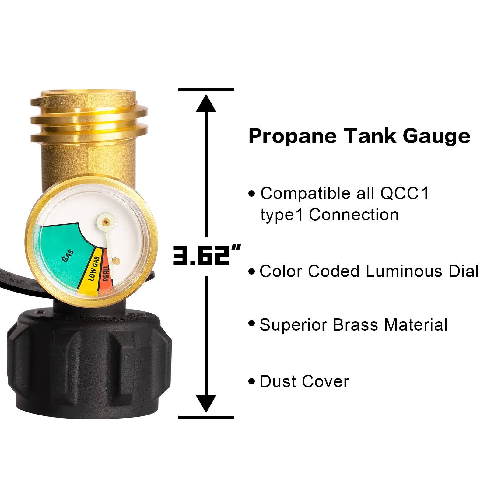 DOZYANT close-up of color-coded dial and needle for fast propane level checks and safer planning