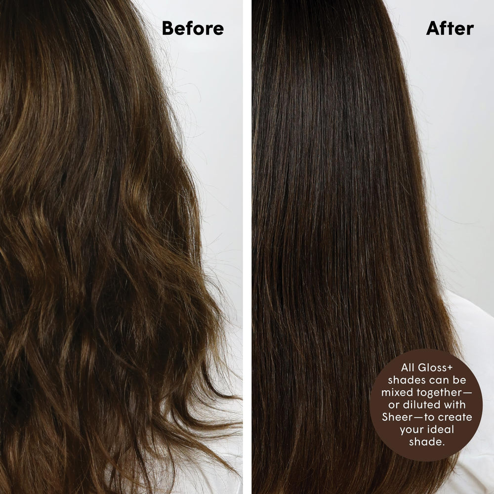 dpHUE applying gloss to hair with brush emphasizing even coverage benefit