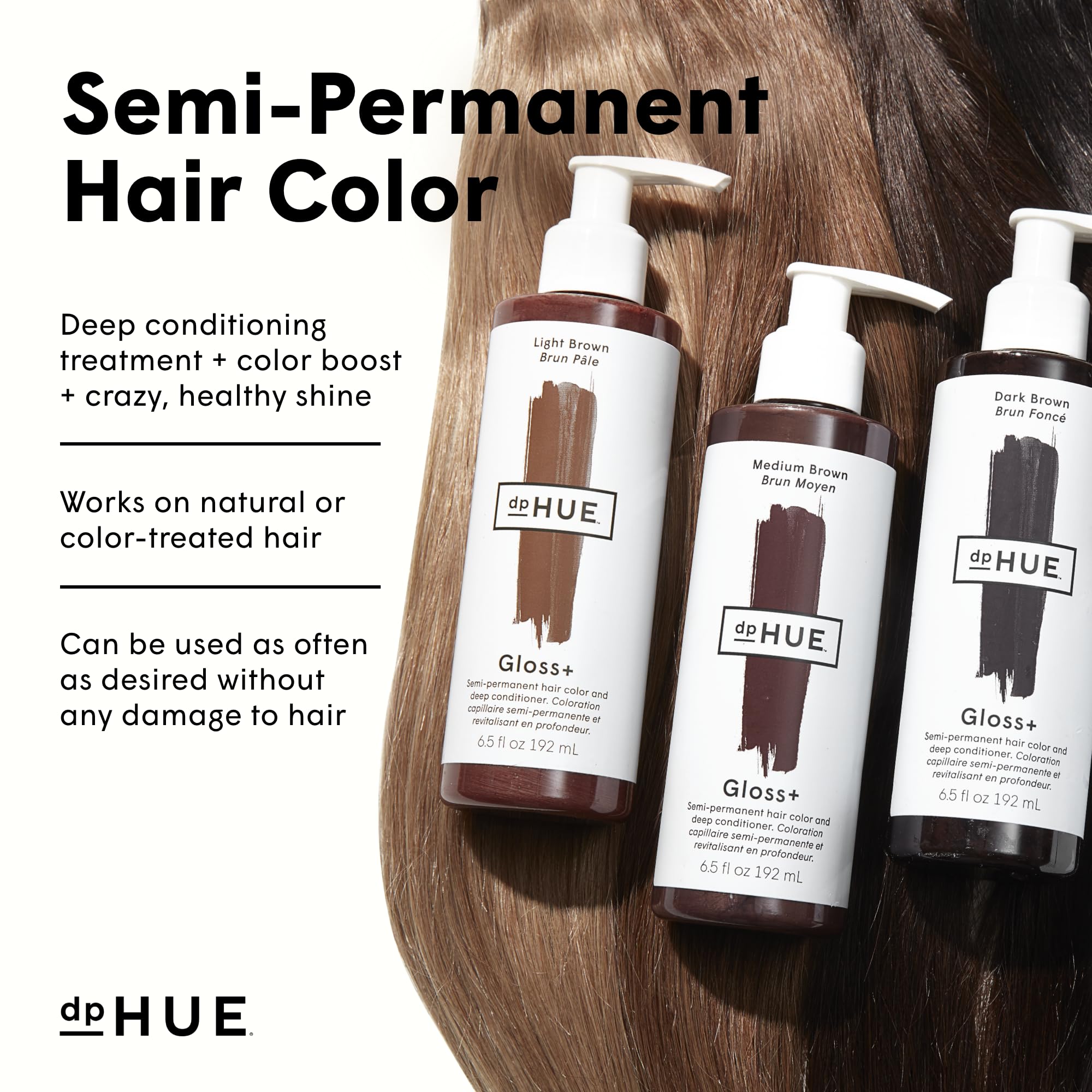 dpHUE before and after medium brown results showing richer tone and gloss benefit