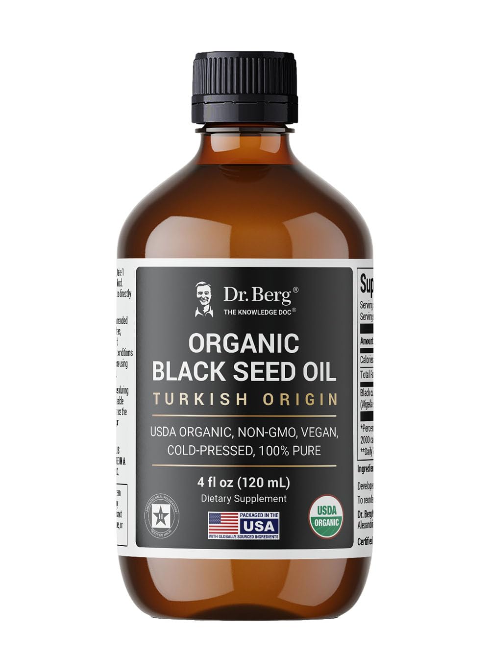 Dr. Berg aceite semilla negra frente del envase, presentación orgánica y protección