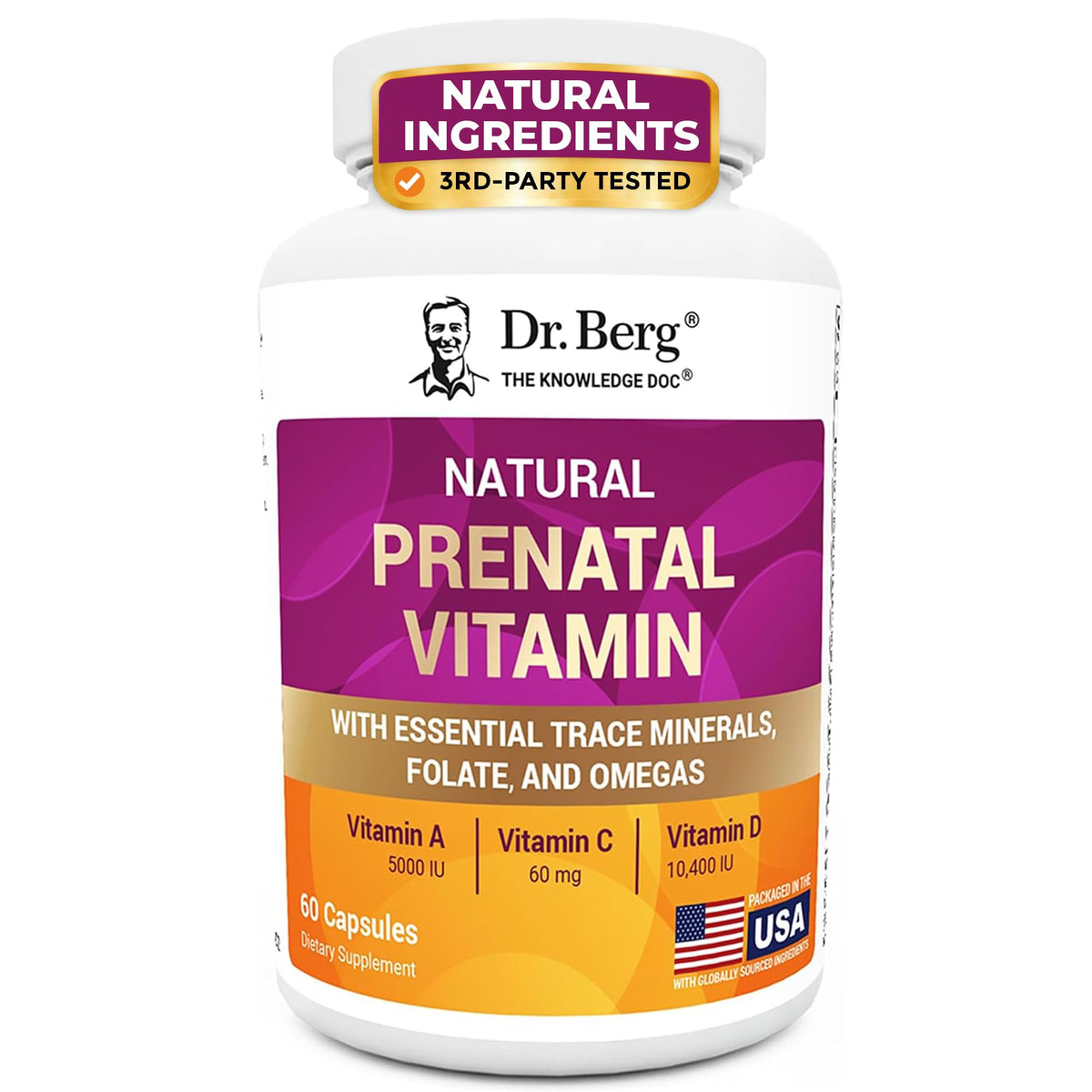 Dr. Berg botella frontal del multivitamínico prenatal mostrando etiqueta clara y beneficios