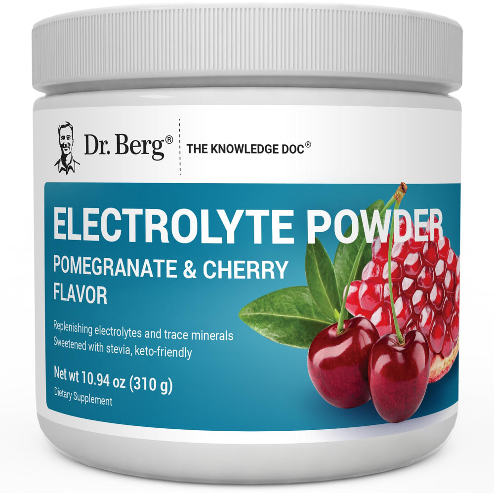 Dr. Berg envase frontal mostrando 50 porciones y sabor granada y cereza