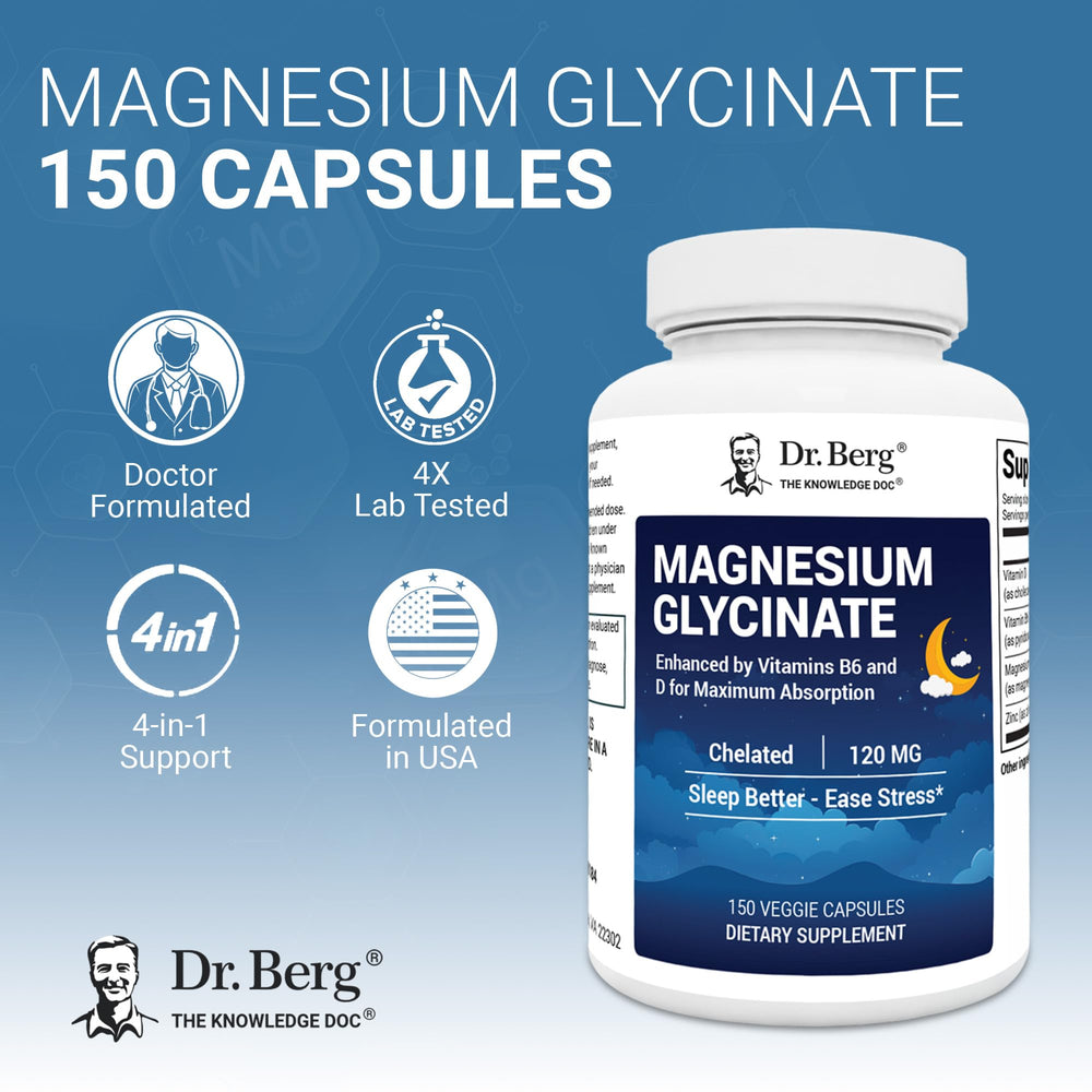 Close-up of Dr. Berg magnesium glycinate capsules, showing texture and shine