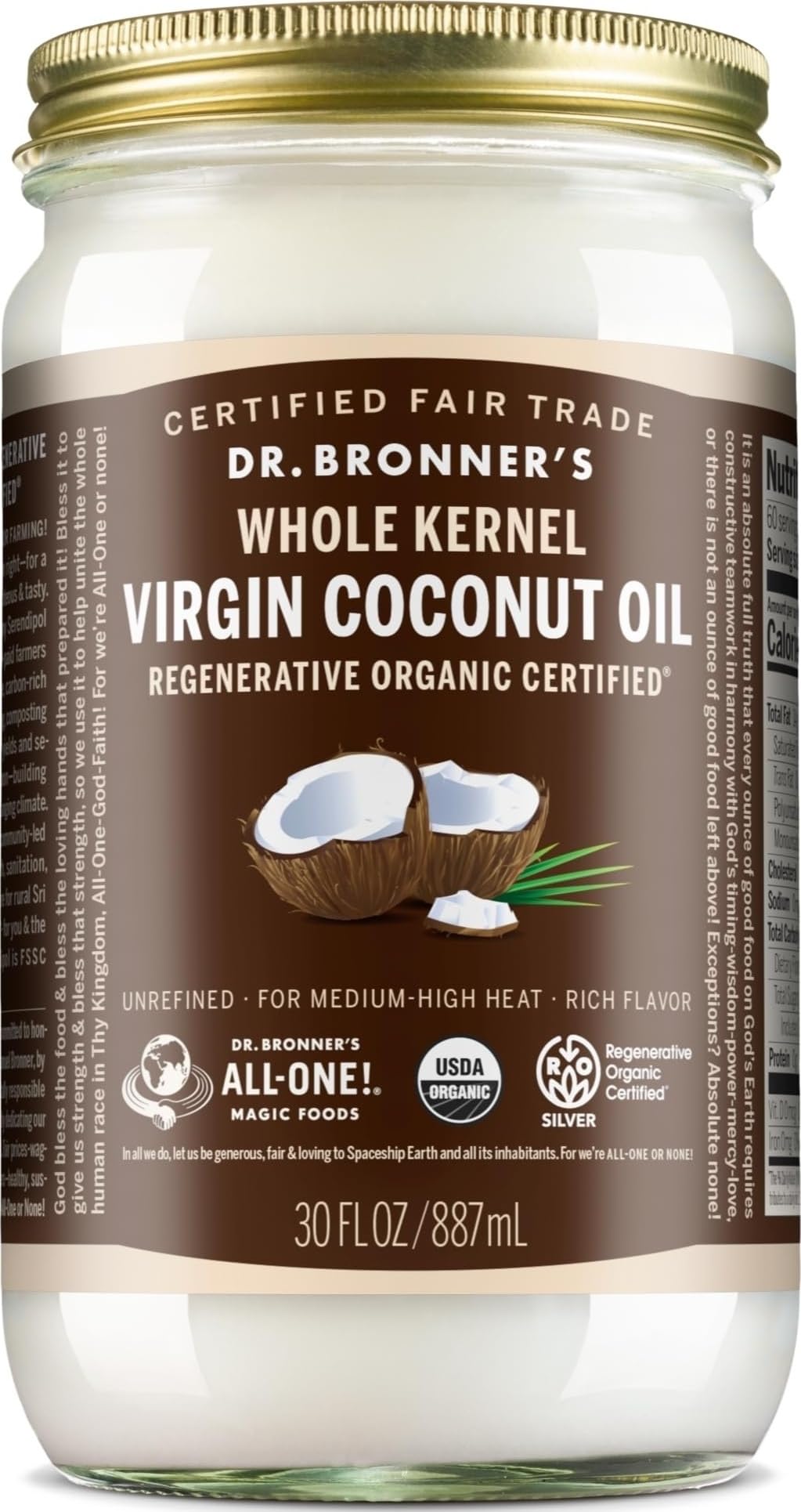 Dr. Bronner's bote frontal mostrando presentación orgánica y calidad