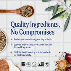 Dr. Bronner's etiqueta con certificaciones orgánicas y comercio justo, transparencia y ética