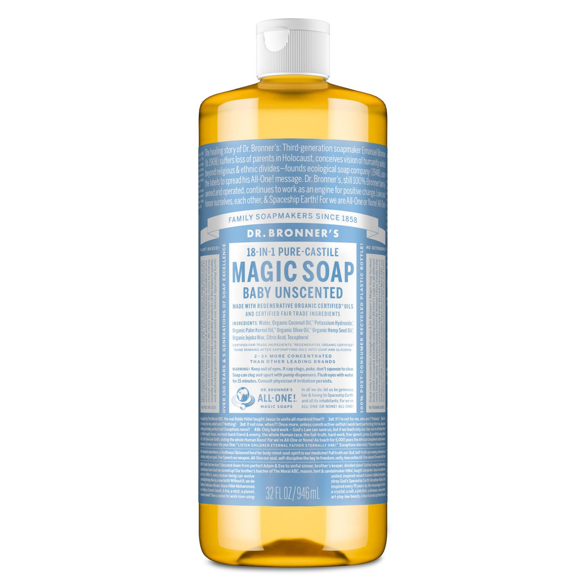 Dr. Bronner's botella frontal que muestra diseño y volumen, ideal para hogares sostenibles