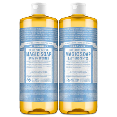Dr. Bronner's front packaging showing two 32 oz unscented bottles and brand benefit