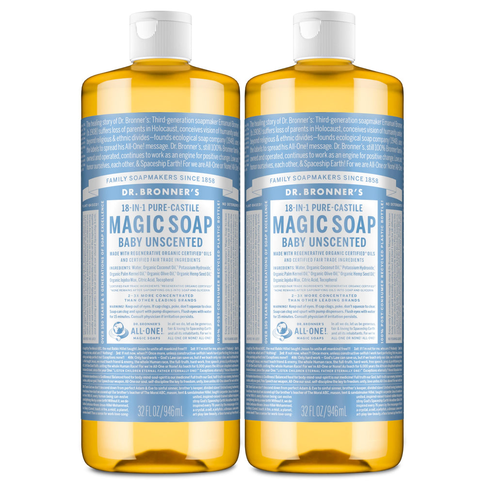 Dr. Bronner's front packaging showing two 32 oz unscented bottles and brand benefit