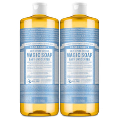 Dr. Bronner's front packaging showing two 32 oz unscented bottles and brand benefit