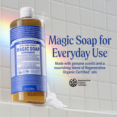 Dr. Bronner's etiqueta con ingredientes orgánicos y certificaciones visibles