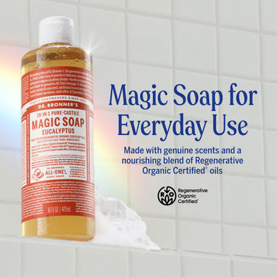 Dr. Bronner's eucalyptus pouring texture demonstrating rich lather and concentration